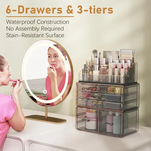 Vista 6 de Delamu Organizador de maquillaje de 3 niveles y 6 cajones para encimera, organizador de cosméticos para tocador y tocador, organizador de baño, Negro