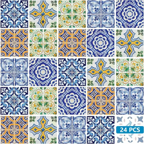 Vista 18 de Juego de 24 calcomanías para azulejos de salpicaduras en muro, azulejos tradicionales de Talavera, calcomanías para azulejos de baño y cocina