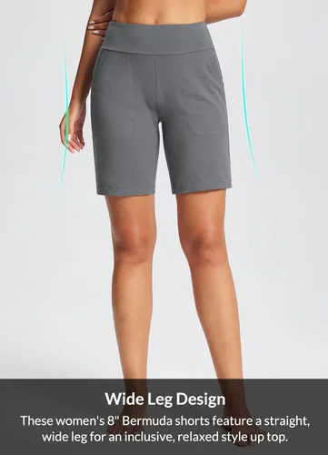 Vista 4 de BALEAF Bermudas de 8 pulgadas para mujer, pantalones cortos deportivos largos de algodón, con control de abdomen, estilo casual, para descansar
