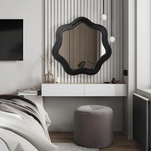 Vista 8 de Glitzhome Wavy Wall Miroor - 33.5''D Round Accent Mirror Decorative or Bedroom Living Room Entryway Hallway, Black Wood Frame