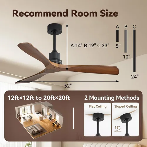 Vista 8 de Sofucor - Ventilador de techo sin luces, de 52 pulgadas, de perfil bajo, montaje empotrado, moderno, de madera, con control remoto, para interiores