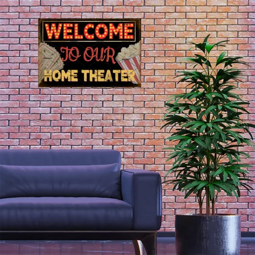Vista 6 de EMOHAT Letrero de metal retro con texto en inglés "Welcome To Our Home Theater" (Bienvenido a nuestro cine en casa), póster de metal vintage