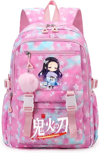 Vista 7 de ZJYJING Mochila de anime para niñas y niños con patrón de estrellas con colgante para viajes y escuela, Azul, Grande, Mochila media primaria