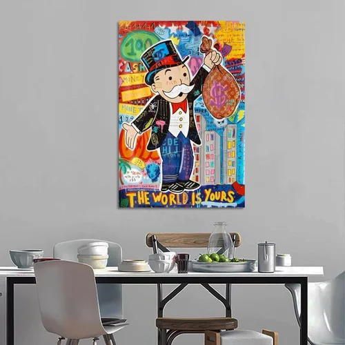 Vista 3 de Monopolys Graffiti Money The World Is Yours - Póster de arte en lienzo y arte de pared, póster moderno para decoración de dormitorio familiar, 16 x