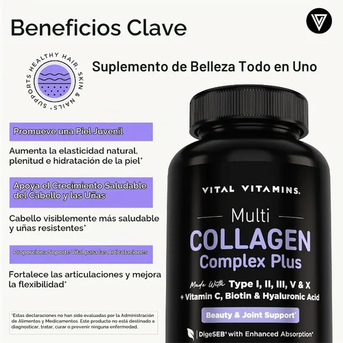 Vista 3 de Vital Vitamins Complejo Multi Colágeno Plus Biotina, Ácido Hialurónico