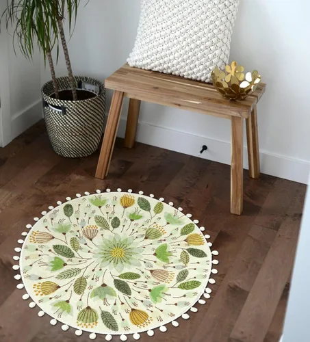 Vista 7 de Uphome Alfombra Redonda Pequeña de 2' Círculo Tapete de Baño Lindo con Pompones Flecos Diseño Floral de Plantas Alfombras de Baño Lavables Suaves