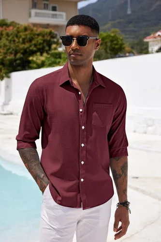 Vista 2 de COOFANDY Camisa casual con botones para hombre, camisa de cambray de lino de manga larga