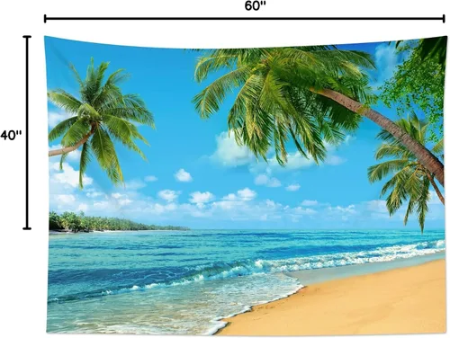 Vista 8 de HVEST Tapiz de playa para colgar en la pared, paisaje tropical azul océano, tapiz natural para dormitorio, palmera verde con cielo azul, nube