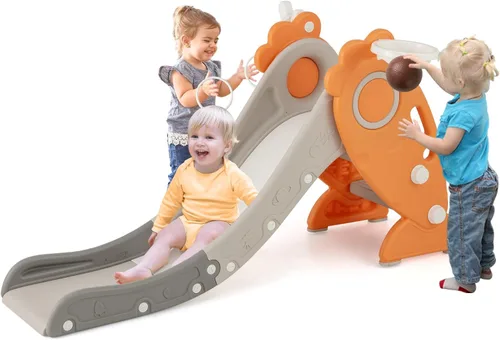 Vista 12 de BABY JOY Tobogán plegable para niños pequeños, juego independiente de escalador para bebés con aro de baloncesto, juego de tobogán para niños
