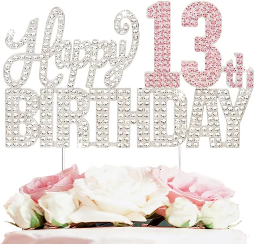 Vista 19 de Decoración de pastel de diamantes de imitación rosa y plateado con texto en inglés "Cheers to 11 Years Old Eleven Bday" de metal brillante
