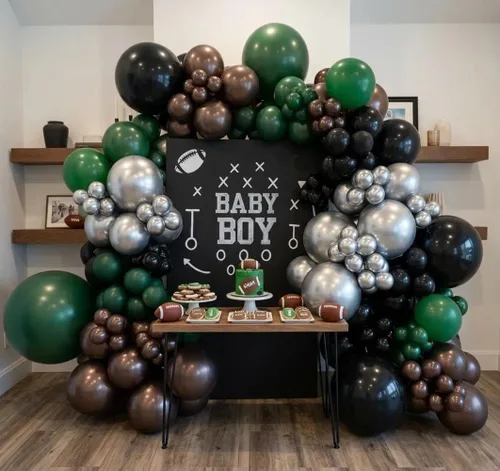 Vista 9 de Arco de globos de látex negro y verde, guirnalda de globos de látex de doble relleno, color verde oscuro, marrón, plateado, para camuflaje