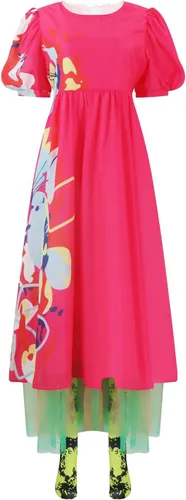 Vista 2 de Weird Doll Costume Pink Dress Adult Women Cosplay Halloween Outfit Puff Short Sleeve Printed Dresses