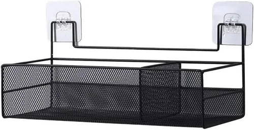 Estantes de baño, organizador de baño de montaje en pared con 2 compartimentos, alambre de metal sin taladrar cesta organizadora para cuarto de Negro