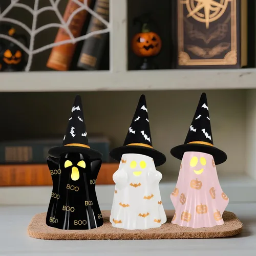 Vista 3 de Decoraciones de Halloween para interiores, juego de 3 fantasmas de cerámica de Halloween con sombreros de bruja, bonita decoración espeluznante