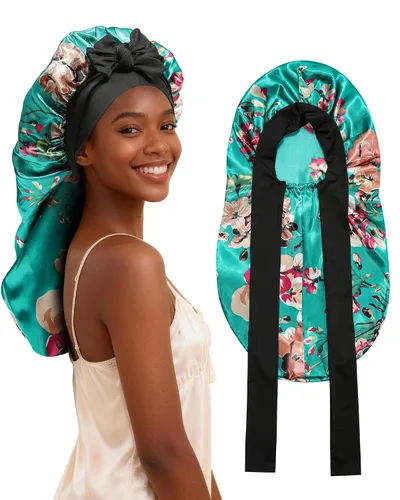 Vista 9 de AWAYTR - Gorro de satén para trenzas y cabello largo durmiendo para mujeres Long Satin Sleep Cap With Adjustable Tie Band, Protecting Braids Curly