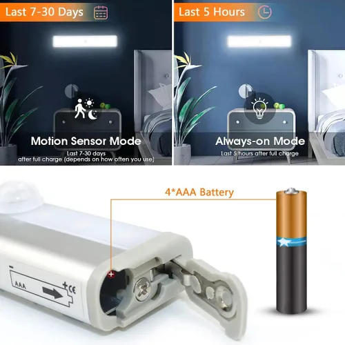 Vista 2 de Paquete de 6 luces LED con sensor de movimiento, 10 luces LED para armario, funciona con pilas, barra de luz nocturna magnética adhesiva