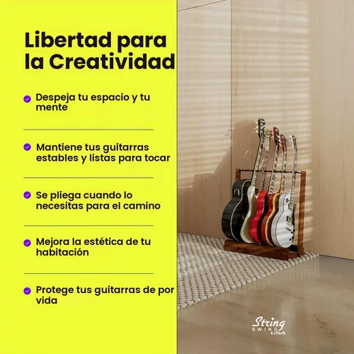 Vista 5 de Soporte de Guitarra String Swing, Soporte de Guitarra Múltiple para Guitarras Acústicas, Eléctricas y de Bajo, Acero Soldado a Mano y Nogal Negro