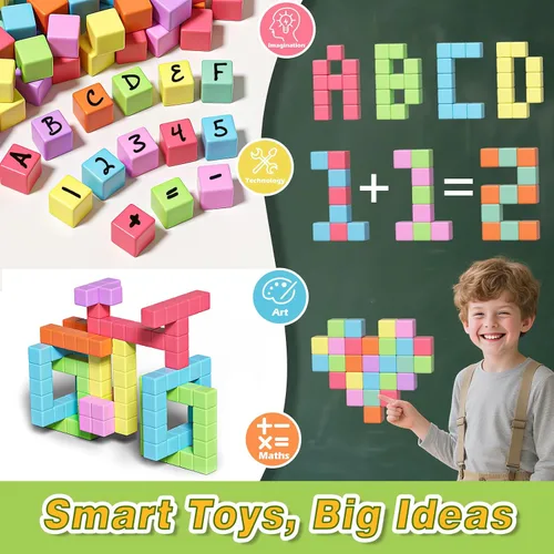 Vista 5 de Apluses Bloques magnéticos para niños, cubos de construcción magnéticos de juguete para educación sensorial STEM para autismo, educación preescolar