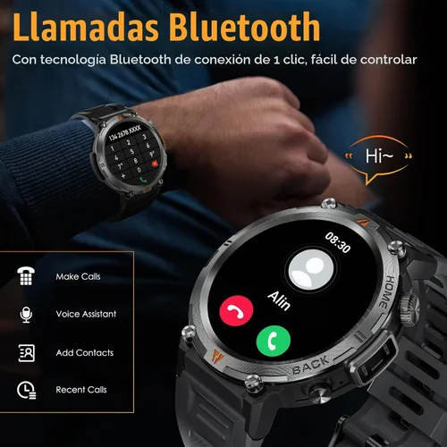 Vista 4 de Reloj inteligente militar para hombres táctico resistente Bluetooth llamada Negro