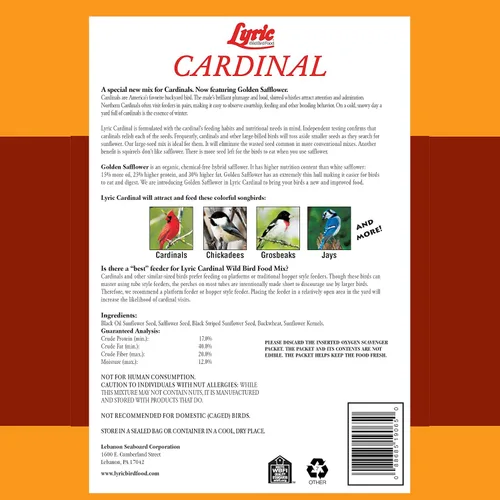 Vista 2 de Lyric Cardinal - Semillas de aves silvestres para comederos exteriores – Mezcla de semillas de girasol y cártamo prémium para cardenales, picos