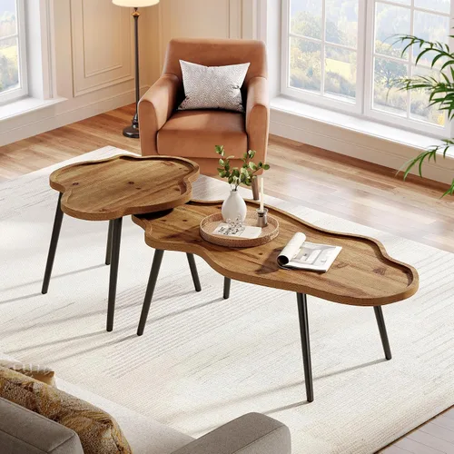 Vista 5 de Juego de 2 mesas de centro anidables, mesas de centro de madera maciza con mesa de nube, mesas decorativas apilables con pies antideslizantes