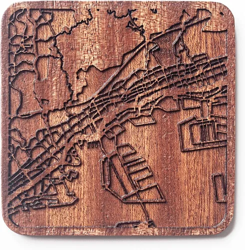 Vista 153 de Posavasos Amsterdam Map by O3 Design Studio, 1 pieza, posavasos de madera Sapele con mapa de la ciudad, hecho a mano, varias ciudades opcionales