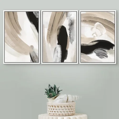 Vista 175 de SIGNFORD - Set de obras de arte en lienzo enmarcado para pared, ilustraciones abstractas de neblina del desierto en tonos neutros beige y marrón
