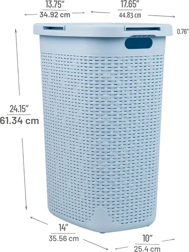 Vista 3 de Mind Reader Cesta de lavandería delgada con tapa, cesta de ropa de 60 L, diseño de mimbre premium, plástico, azul bebé