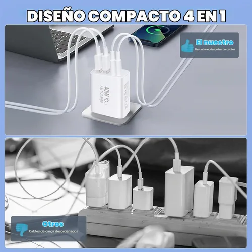 Vista 5 de iPhone 17 16 15 Cargador de carga rápida 40W 4 puertos USB C bloque