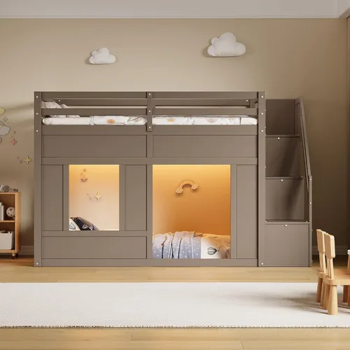 Vista 38 de Playhouse Wood Twin Size Loft Bed with Storage Staircase, Desk, Shelves