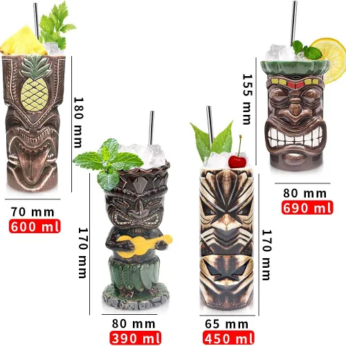 Vista 2 de SuproBarware Tiki - Juego de 4 tazas de cerámica hawaiana para fiesta, tazas grandes de fiesta Tiki para cócteles, bebidas tropicales de bar