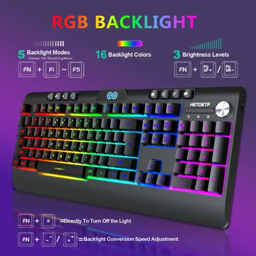 Vista 2 de Combo de teclado y mouse inalámbricos para juegos con retroiluminación LED arco iris, batería recargable de 4000 mAh, mecánica, ergonómica
