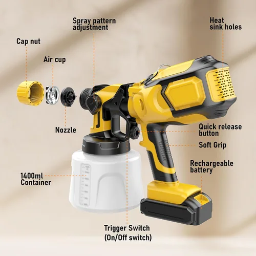 Vista 8 de Pulverizador de pintura inalámbrico compatible con batería Dewalt de 20 V MAX (sin batería), pistola de pintura eléctrica con 4 boquillas y 3