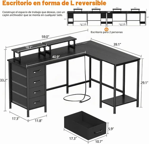 Vista 3 de Korfile - Escritorio para computadora en forma de L de 59 pulgadas con tomas de corriente, color negro