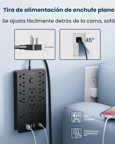 Vista 5 de JouleLoom Regleta protectora de sobretensiones, 14 tomas de corriente y 6 puertos USB, cable de extensión de enchufe plano de 6 pies, 1850 julios
