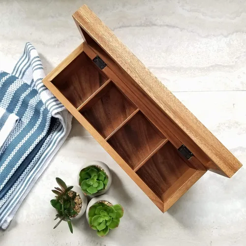 Vista 5 de Lipper International Caja de té de madera de acacia con 4 secciones, 12-1/2" x 4-1/8" x 3-7/8