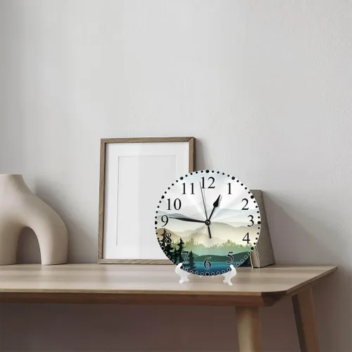 Vista 7 de Reloj de pared de paisaje natural, montaña y lago Natures Hills, árbol en ríos, reloj silencioso de 10 pulgadas sin tictac, funciona