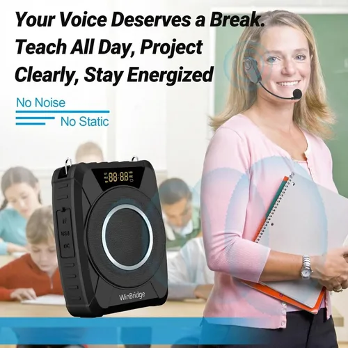 Vista 2 de Micrófono inalámbrico amplificador de voz, sistema PA portátil de 20 W con micrófono Bluetooth y auriculares, micrófono portátil impermeable
