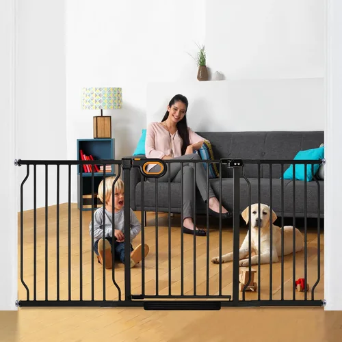 Vista 9 de Puerta extra ancha para bebés con puerta montada a presión de 57.5 a 62.2 pulgadas, puertas de seguridad para perros, puertas de seguridad para Negro
