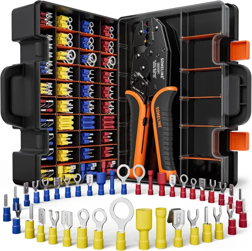 Vista 13 de SOMELINE Kit de herramientas de prensado de conectores eléctricos, crimpadora de terminales de trinquete 22-10 AWG, con conectores aislados a tope