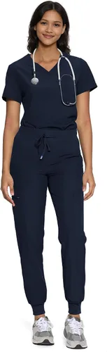 Vista 14 de floralhue Conjunto de ropa quirúrgica para mujer con cuello en V y Negro