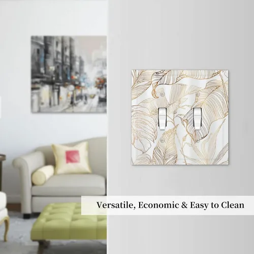Vista 7 de Placa de pared decorativa con hojas de palmera tropicales de oro blanco, hoja de plátano, doble interruptor de luz de palanca decorativa, placa