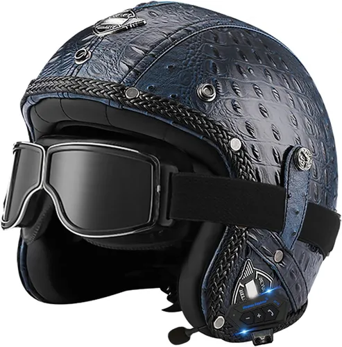 Vista 9 de Casco retro de motocicleta con Bluetooth, casco de cuero Jet con gafas personalizadas, medio casco de motocicleta 3/4 aprobado por DOT, casco