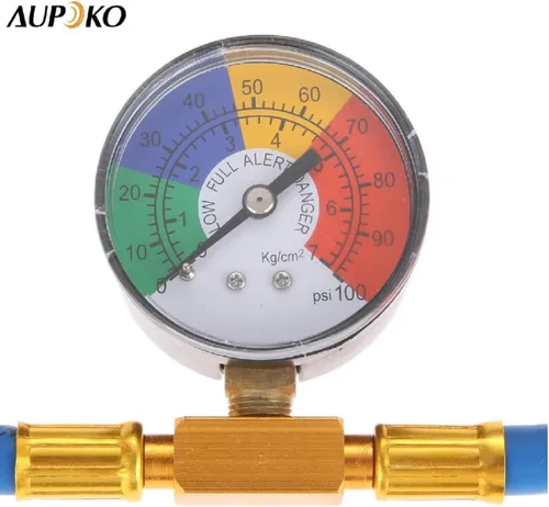 Vista 8 de Kit de manguera de carga de refrigerante R134A para CA, lata con válvula autosellante de 1/2'', y manguera de recarga con manómetro de presión