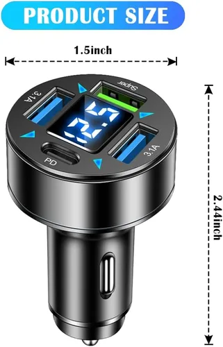 Vista 2 de Cargador rápido de coche de 4 puertos con salida de enchufe, voltímetro LED, PD3.1, súper puerto, accesorio USB universal para encendedor