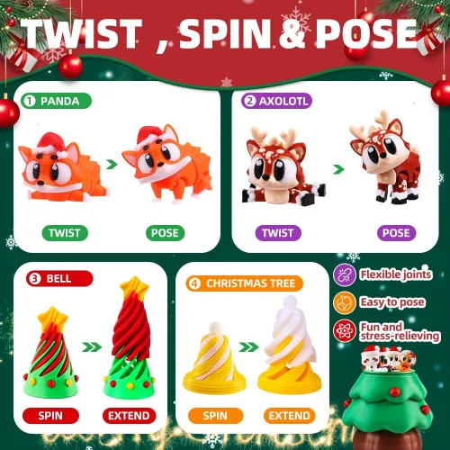 Vista 3 de JOICEE 18 piezas de animales impresos en 3D de Navidad con árbol de Navidad Rojo