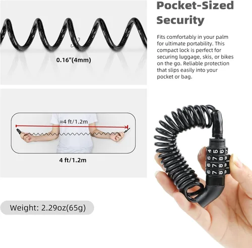 Vista 4 de Pequeño Combo Cable de bloqueo de bicicleta, cerradura de cable de combinación retráctil con código, para equipaje seguro de viaje, maleta, scooter
