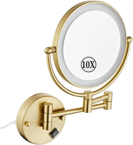 Vista 13 de KEYQEEN Espejo de maquillaje LED con luces, espejo de aumento de doble cara 1X/10X, espejo de aumento negro cableado montado en la pared giratorio