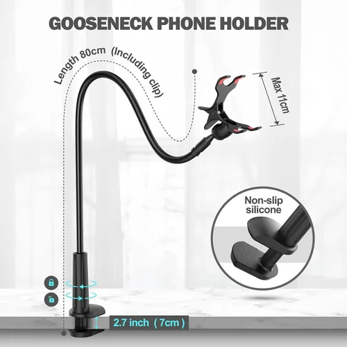 Vista 4 de Soporte de teléfono de cuello de cisne para cama, soporte flexible para teléfono celular con brazo perezoso, soporte de abrazadera ajustable 360