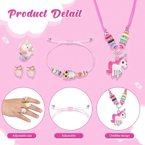 Vista 4 de Juego de 70 piezas de joyería para niños, pulseras ajustables de la amistad de sirena, unicornio, collares, anillos, aretes, colgante tejido